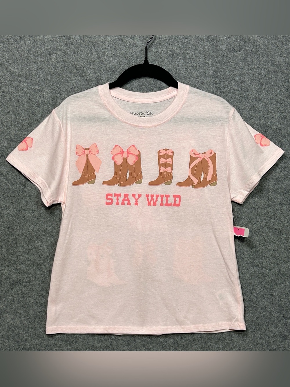 Nicola Bee Junior XS Stay Wild Pink Graphic Tee Western Cowboy Boot & Bow Design